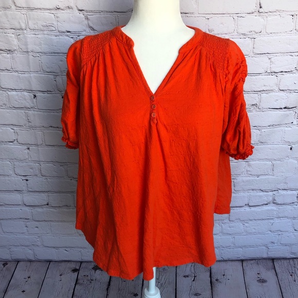 FREE PEOPLE Red Orange Short Sleeve Bohemian Flowy V Neck Blouse Size XS - Picture 1 of 14